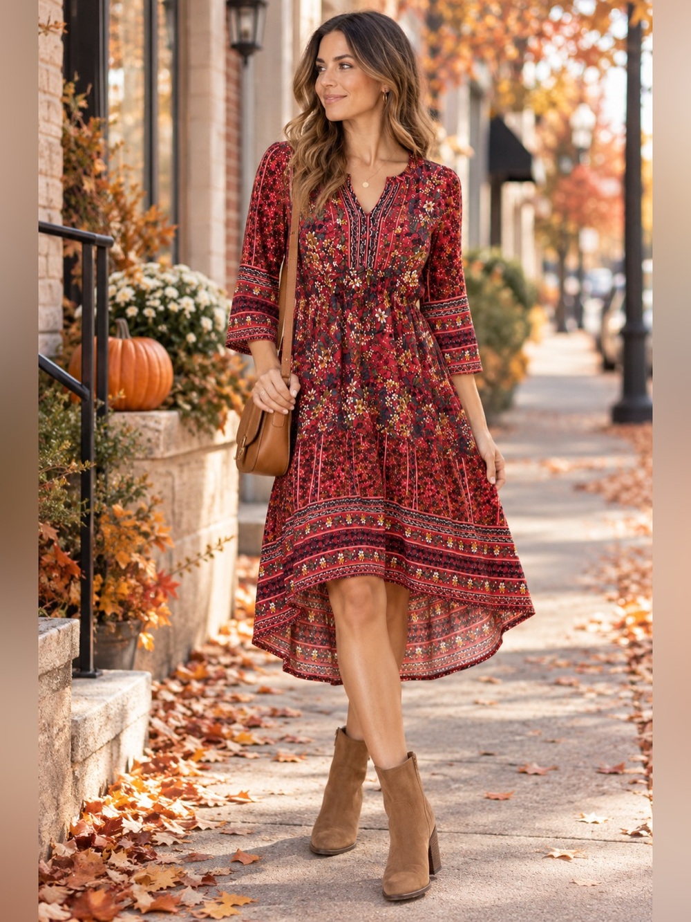 Jodifl Red Floral Boho Midi Dress 3/4 Sleeve High Low Hem Size L